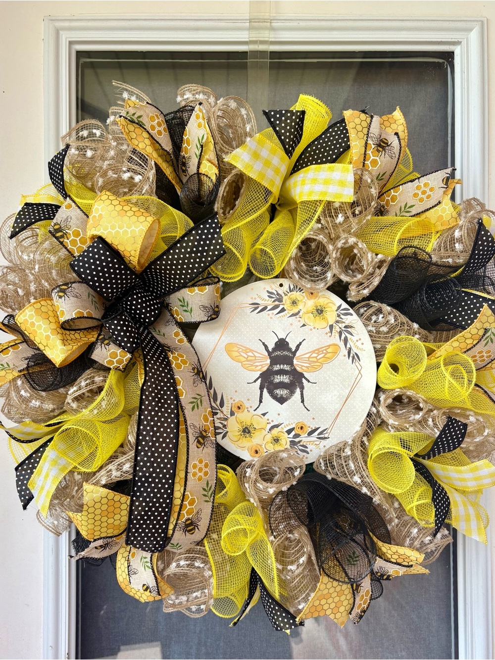 Bee Farmhouse Wreath Yellow Gold & Black Decorative Door Accent